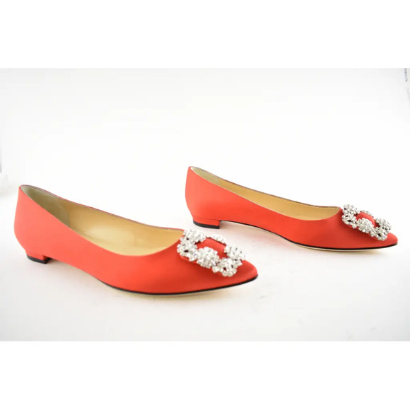 Manolo Blahnik Hangisi Red Satin Silver Jewel Buckle Ballerina Ballet Flat 39.5 - Picture 4 of 12